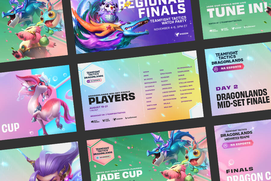 A set of social graphics designed for Riot Games' Teamfight Tactics official tournaments.